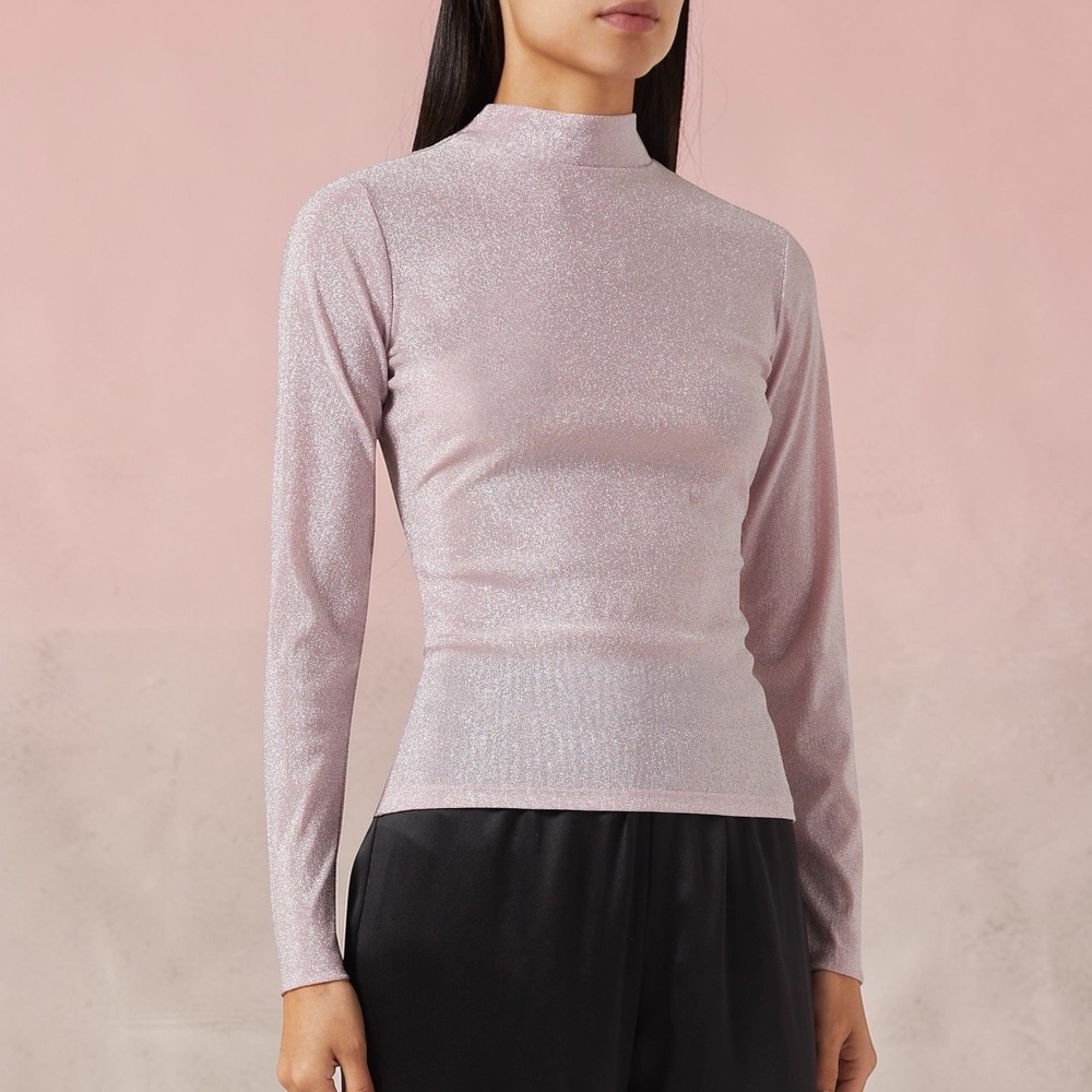 Reformation Pink Bailey Knit Top‎ Mock Neck Sparkle Event Part Going Out L